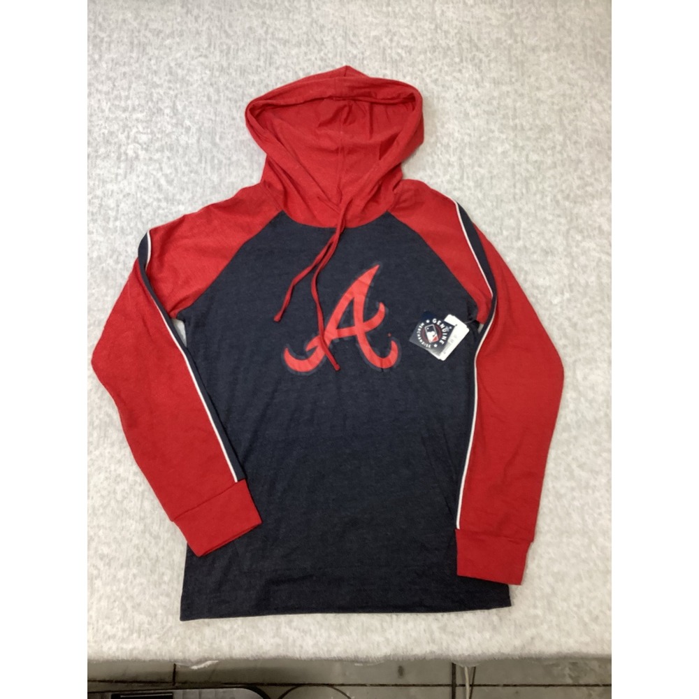 MLB Atlanta Braves Campus Lifestyle Navy Red Raglan Hoodie Womens Medium NEW